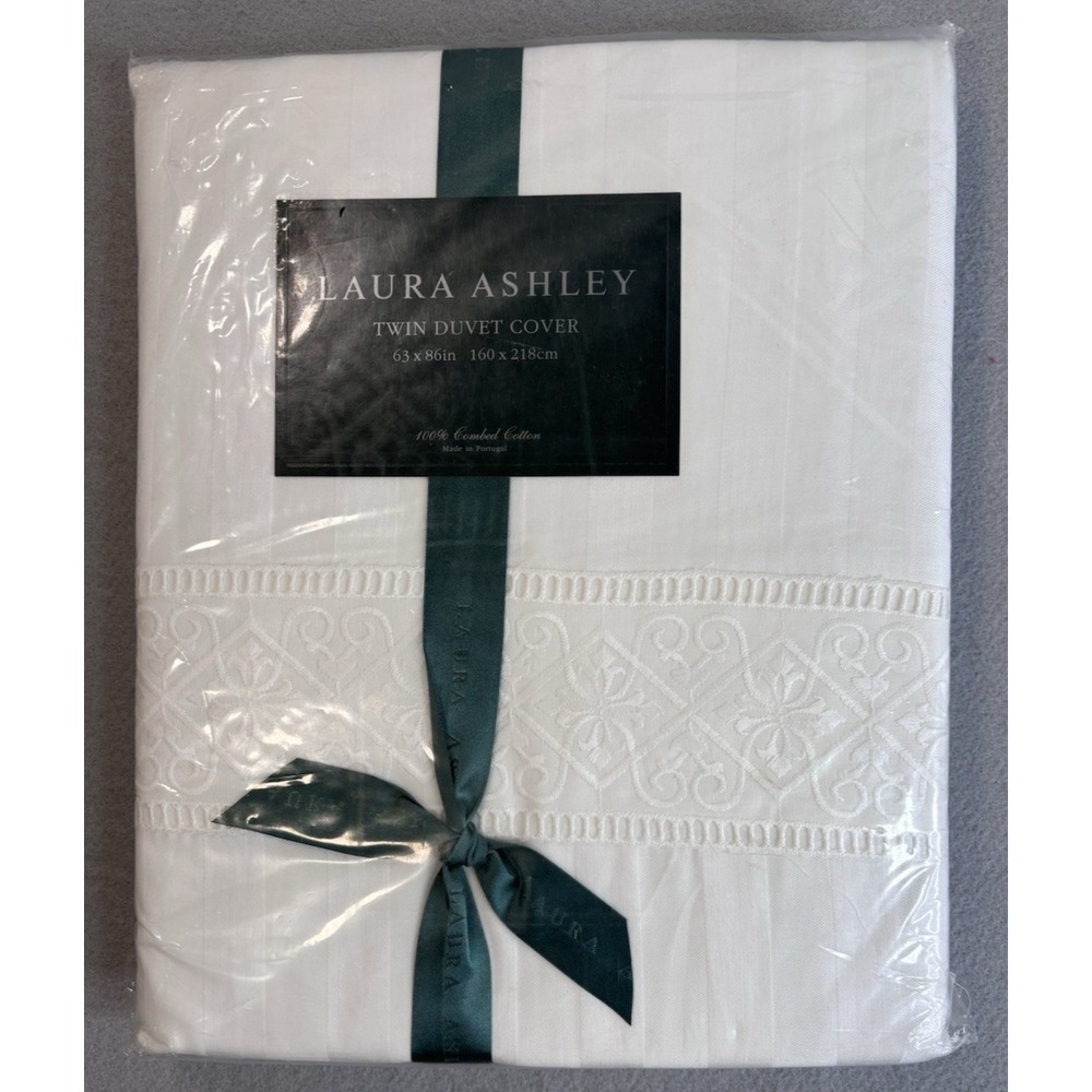 Laura Ashley Twin Duvet Cover White Battenburg Lace Striped Combed Cotton 63x86